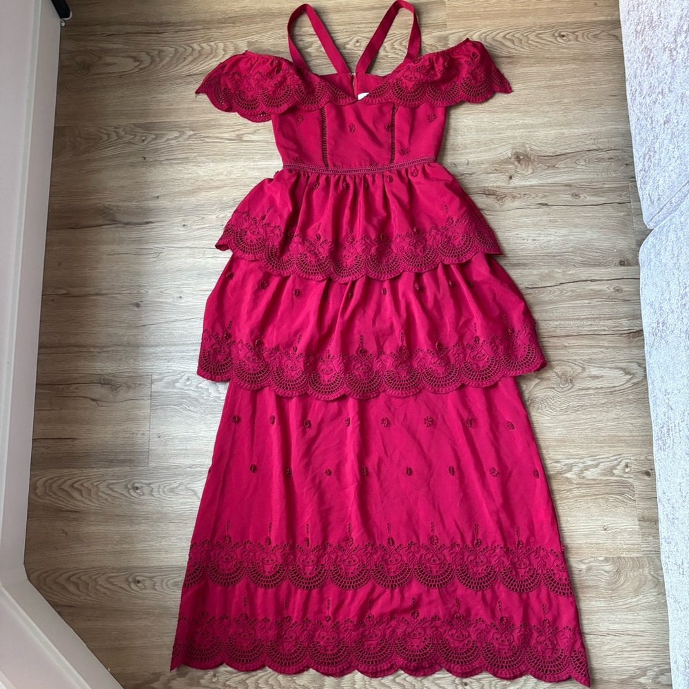 Self-portrait raspberry Red Tiered Eyelet long Dress off the shoulder ruffle 0